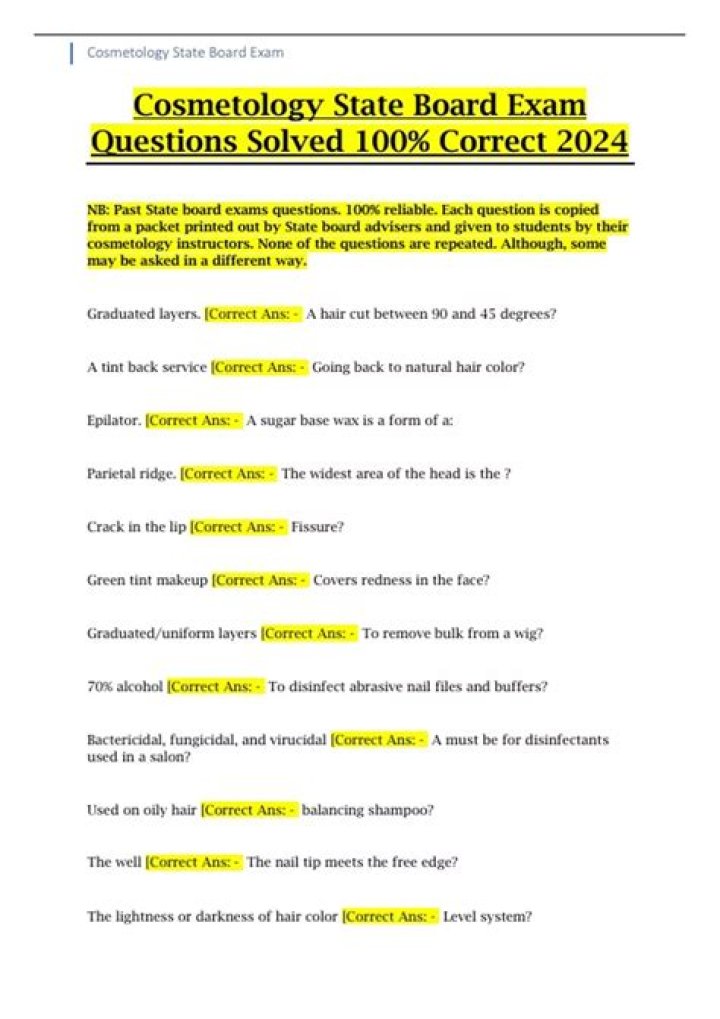 Complete Cosmetology State Board Practice Exam with 100 Questions & Answers PDF
