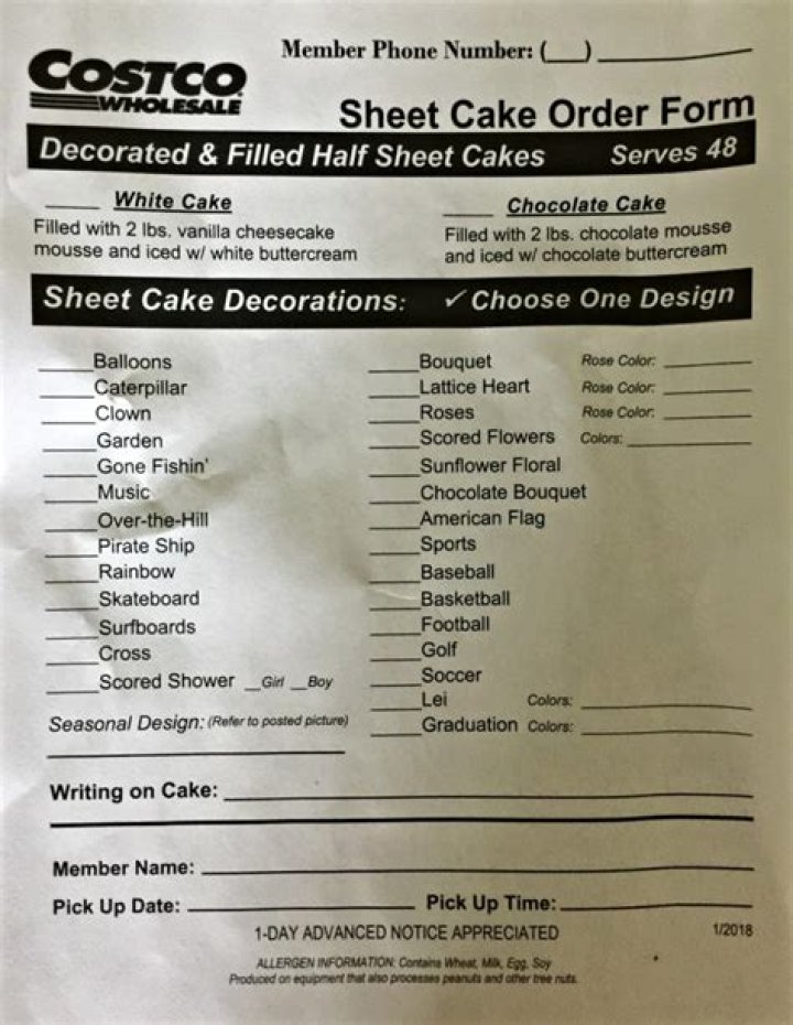 Costco Sheet Cake Order Form PDF Download