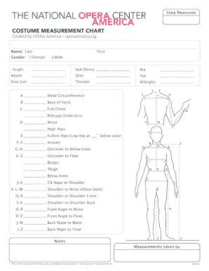 Free Costume Measurement Sheet PDF for Accurate Fitting