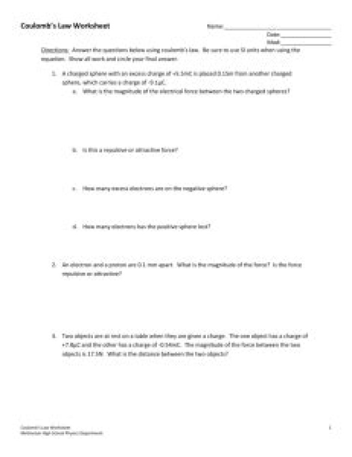 Coulomb's Law Worksheet Answers for Physics Classroom – Free PDF Worksheet