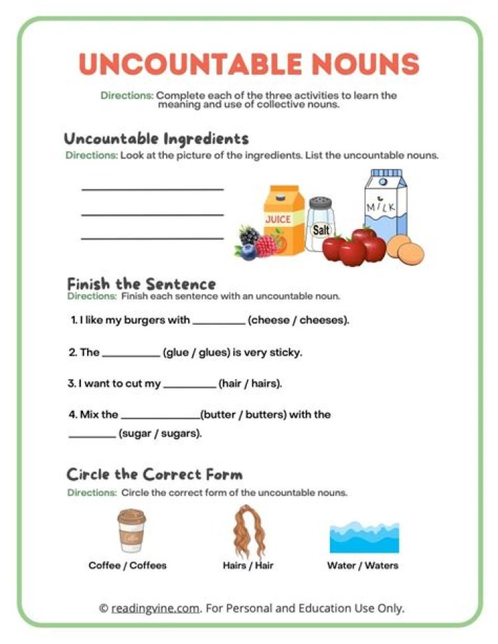 Countable and Uncountable Nouns Exercises PDF with Answers for Intermediate Learners