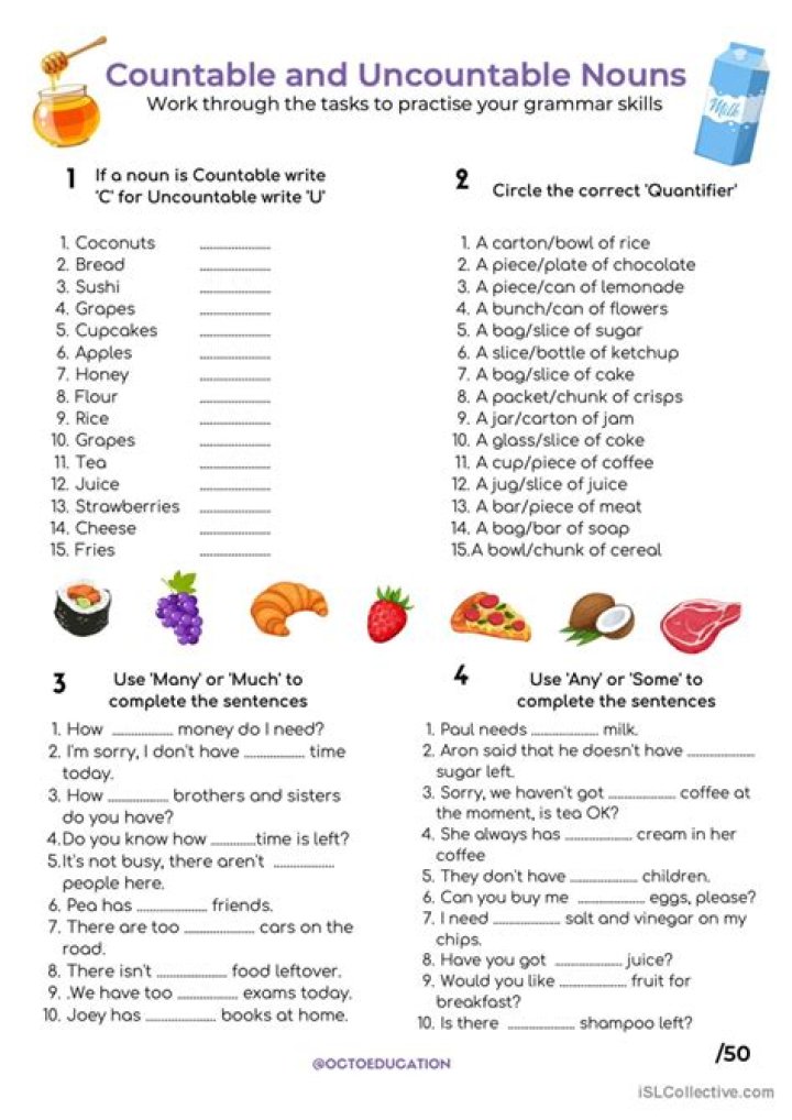 Countable vs Uncountable Nouns Worksheet PDF for Students