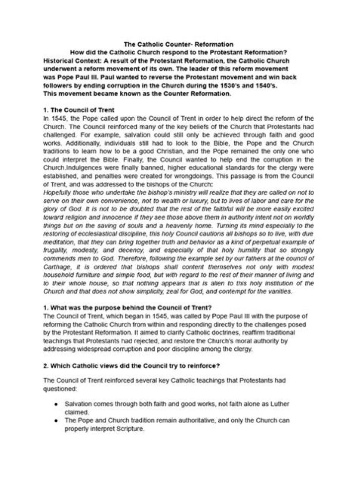 Counter Reformation Worksheet PDF – Free Download