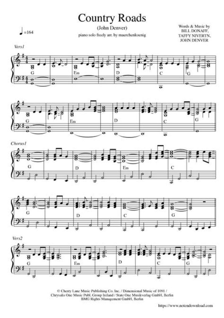Download Country Roads Piano Sheet Music PDF for Free