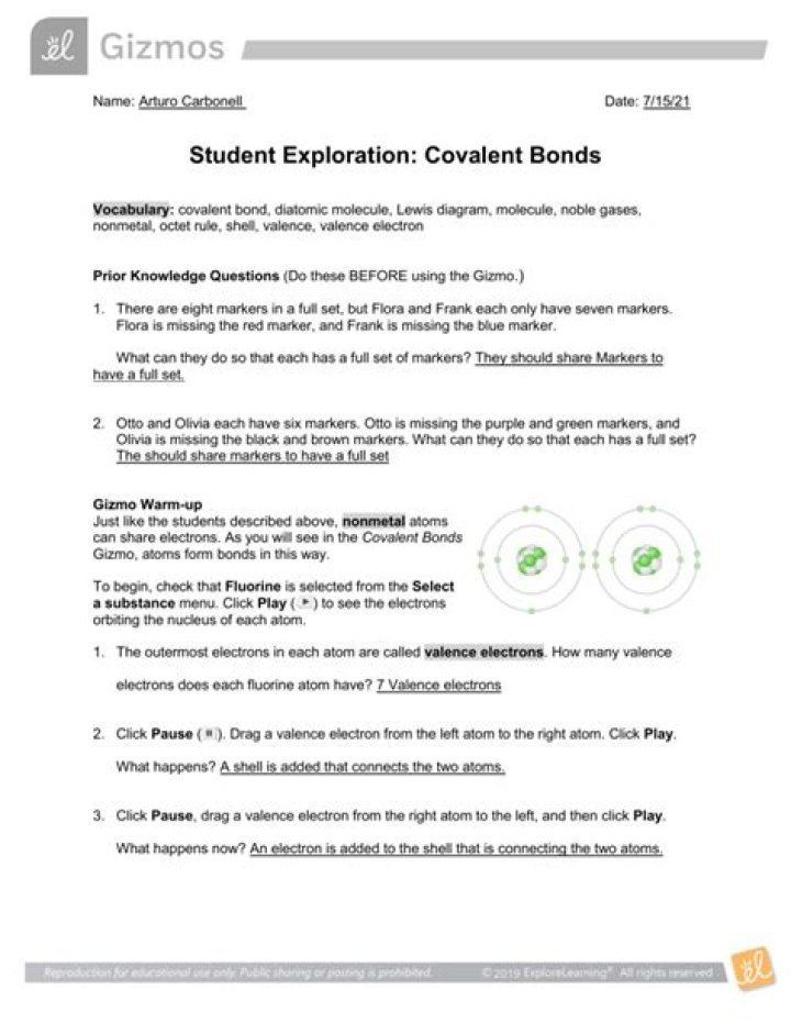 Covalent Bonds Gizmo Answer Key PDF – Instant Study Help