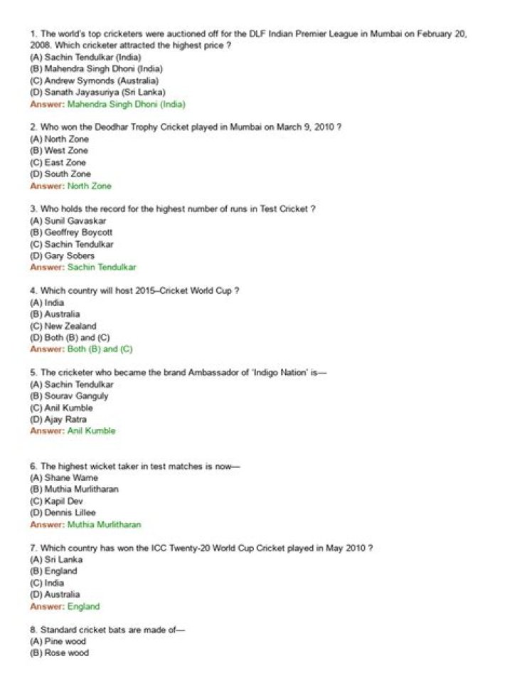 Free Cricket Quiz Questions and Answers PDF for Players