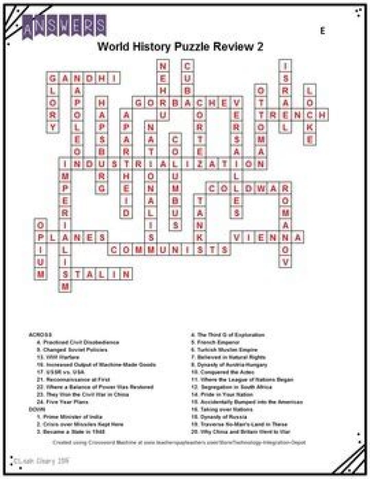 World History Crossword Puzzle Answers: Short Shorts PDF with 1 Key Answer