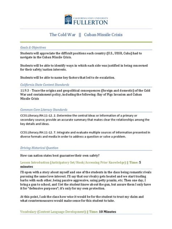 Cuban Missile Crisis Lesson Plan PDF for Teachers
