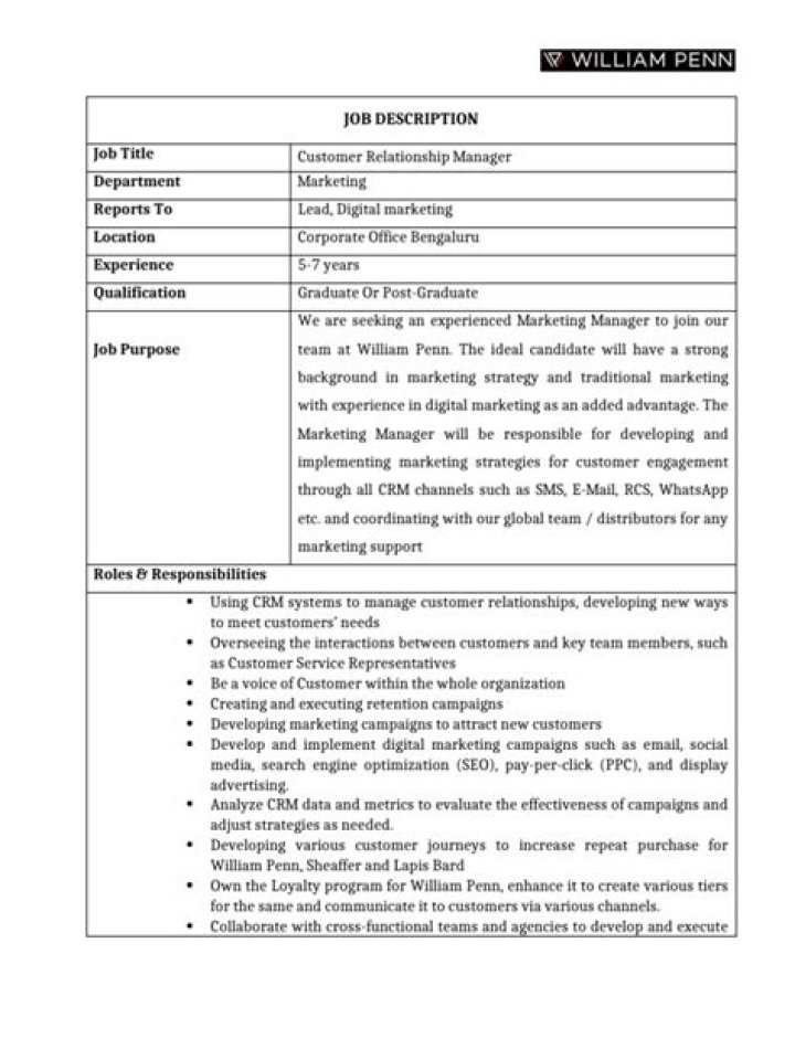 Customer Relationship Manager Job Description PDF: Full Role Guide
