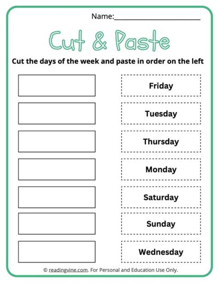 Cut and Paste Days of the Week Worksheets PDF – Printable Daily Activities for Kids