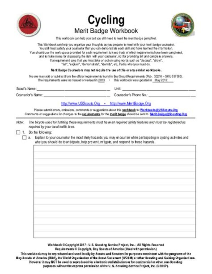 Cycling Merit Badge Worksheet PDF – Download Free Printable