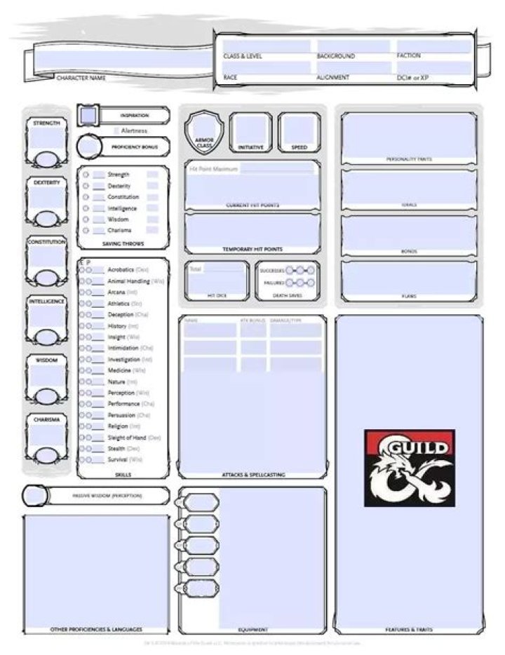 Printable D&D Fillable PDF Character Sheet for Instant Game Use