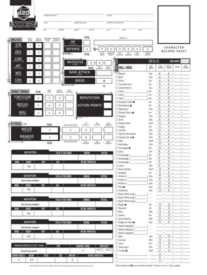 Download Your D20 Modern Character Sheet PDF Instantly
