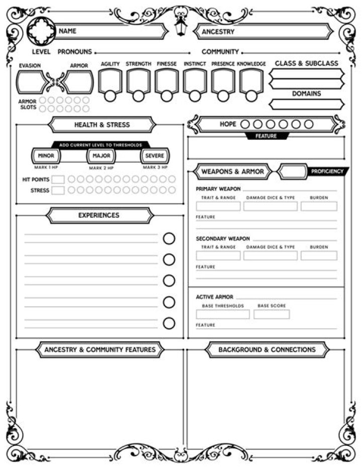 Dagger Heart Character Sheet PDF – Free Character Design Template