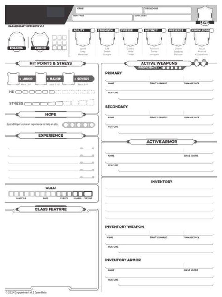 Daggerheart Fillable Character Sheet PDF – Download Now
