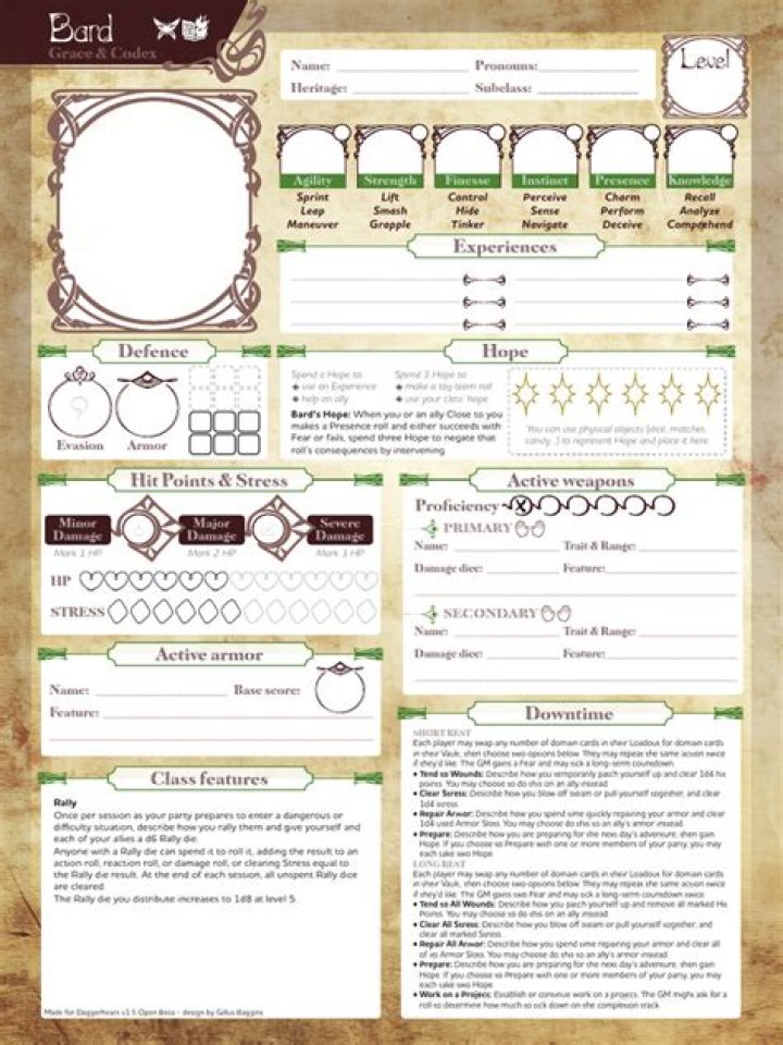 Daggerheart PDF Character Sheet – Download Free Game Character Profile
