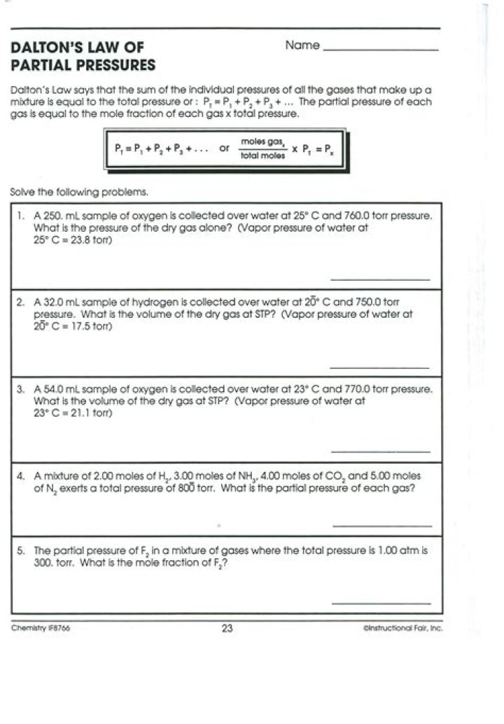 Dalton's Law of Partial Pressure Worksheet PDF: Practice Problems & Answers