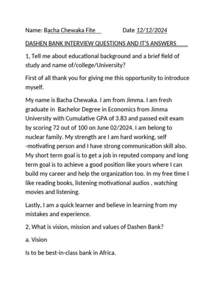 Dashen Bank Interview Questions & Answers PDF in Ethiopia