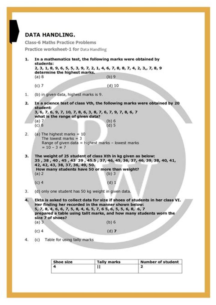 Free Data Handling Class 6 Worksheet PDF – Printable Practice Sheets