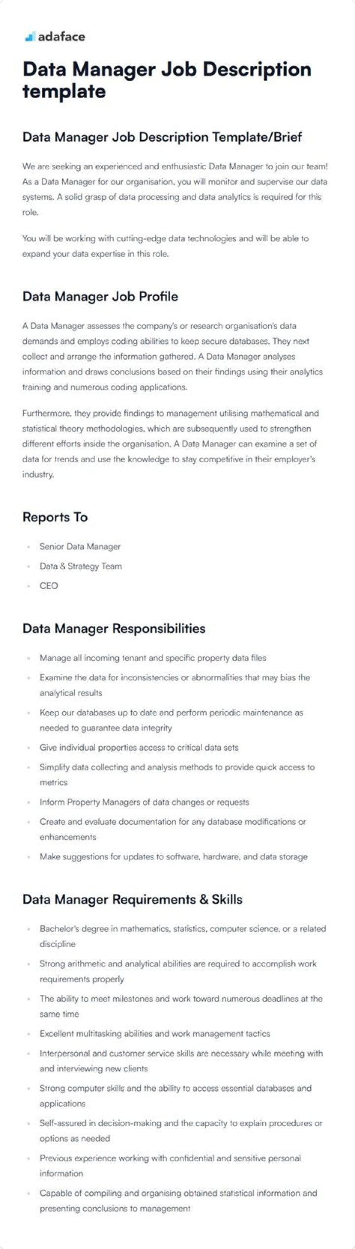 Data Manager Job Description PDF – Full Guide & Template