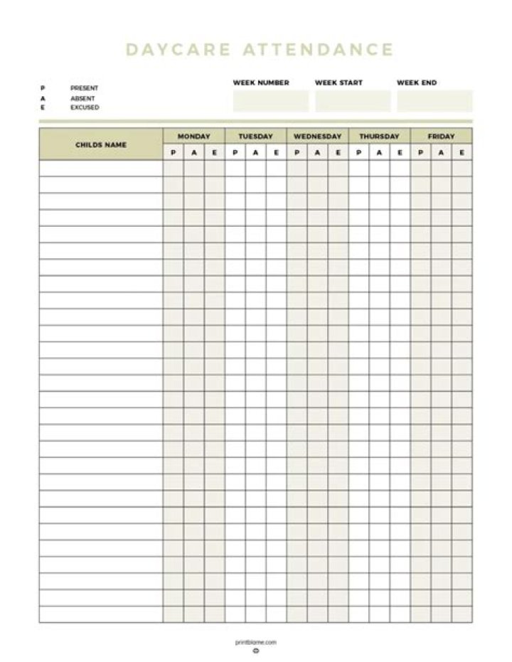 Download Free Daycare Attendance Sheet PDF