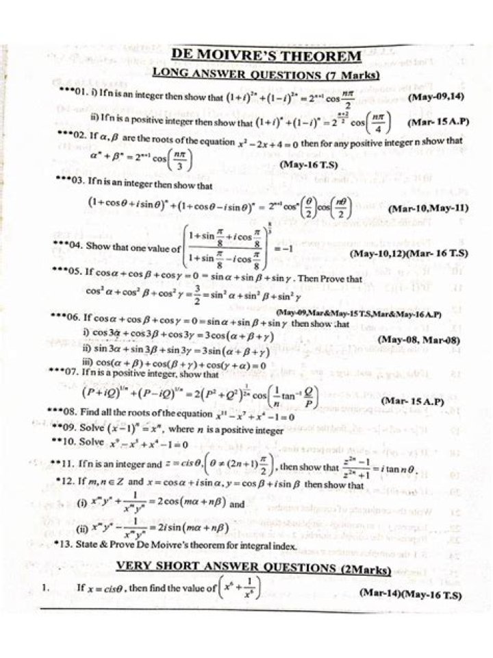 De Moivre's Theorem Questions and Answers PDF: Step-by-Step Solutions