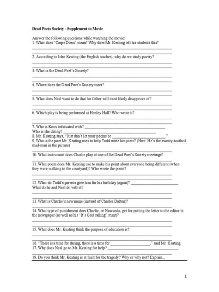 Dead Poets Society Worksheet PDF: Analysis & Discussion Activities