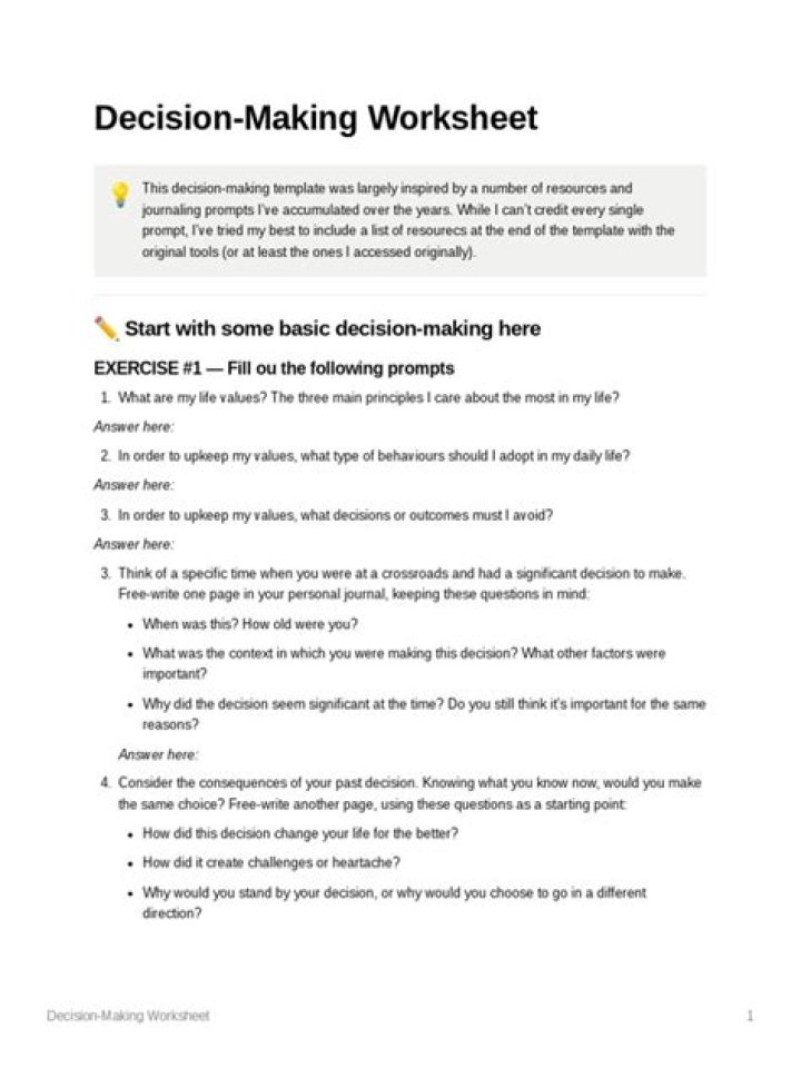 Free Decision Making Worksheet PDF for Better Choices