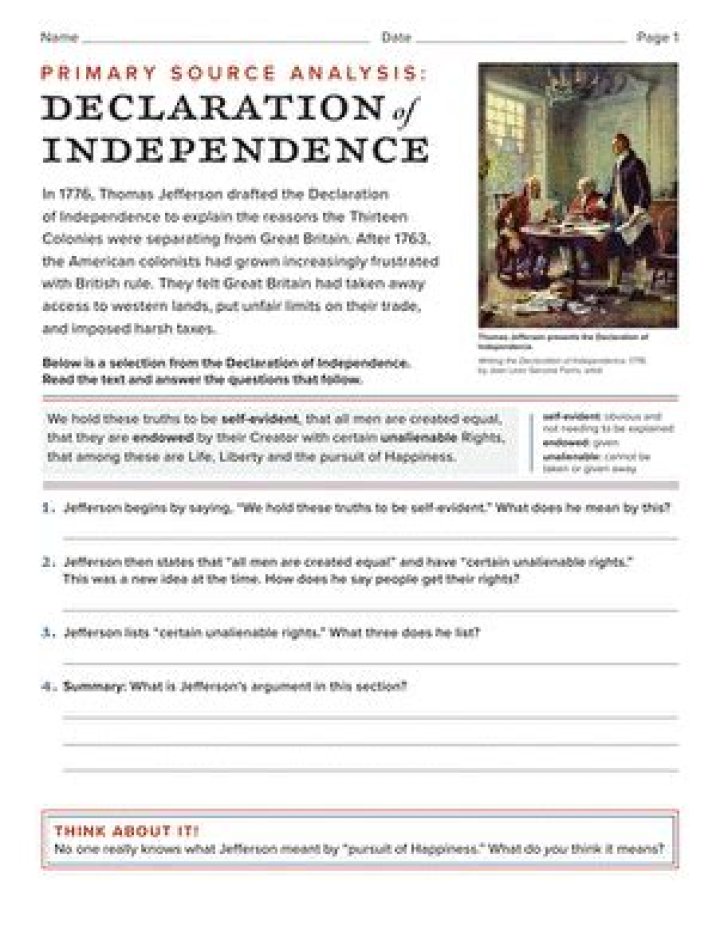 Declaration of Independence Analysis Worksheet PDF for Study