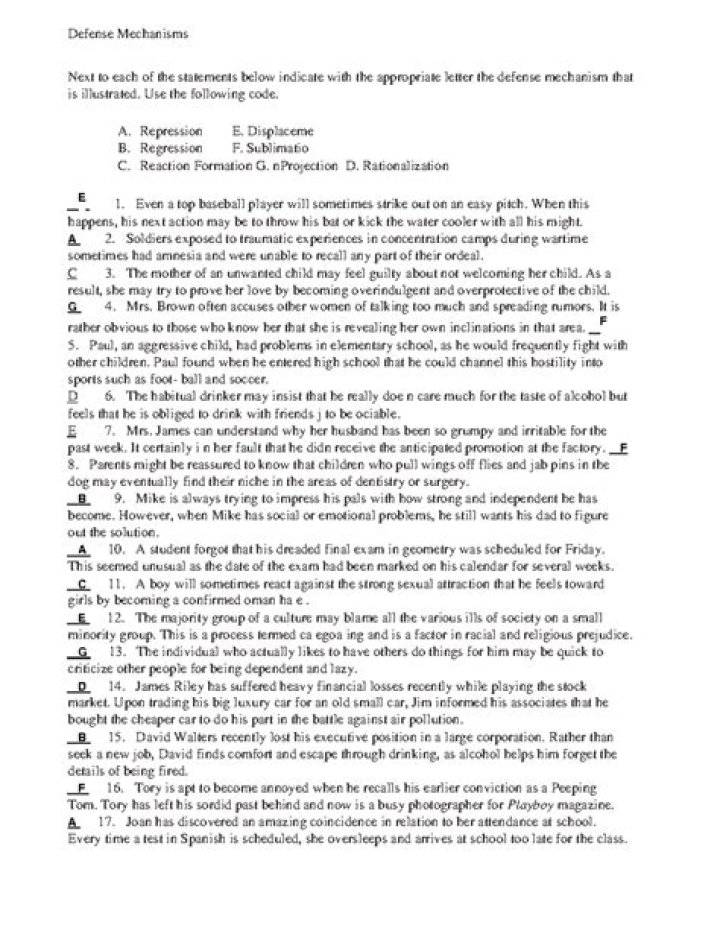 Defense Mechanisms Worksheet PDF Answers – Free Practice Worksheet