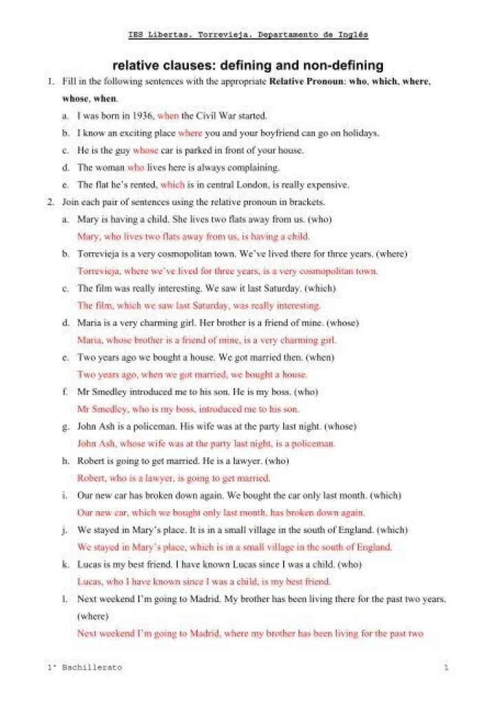 Defining and Non-defining Relative Clauses Exercises with Answers PDF
