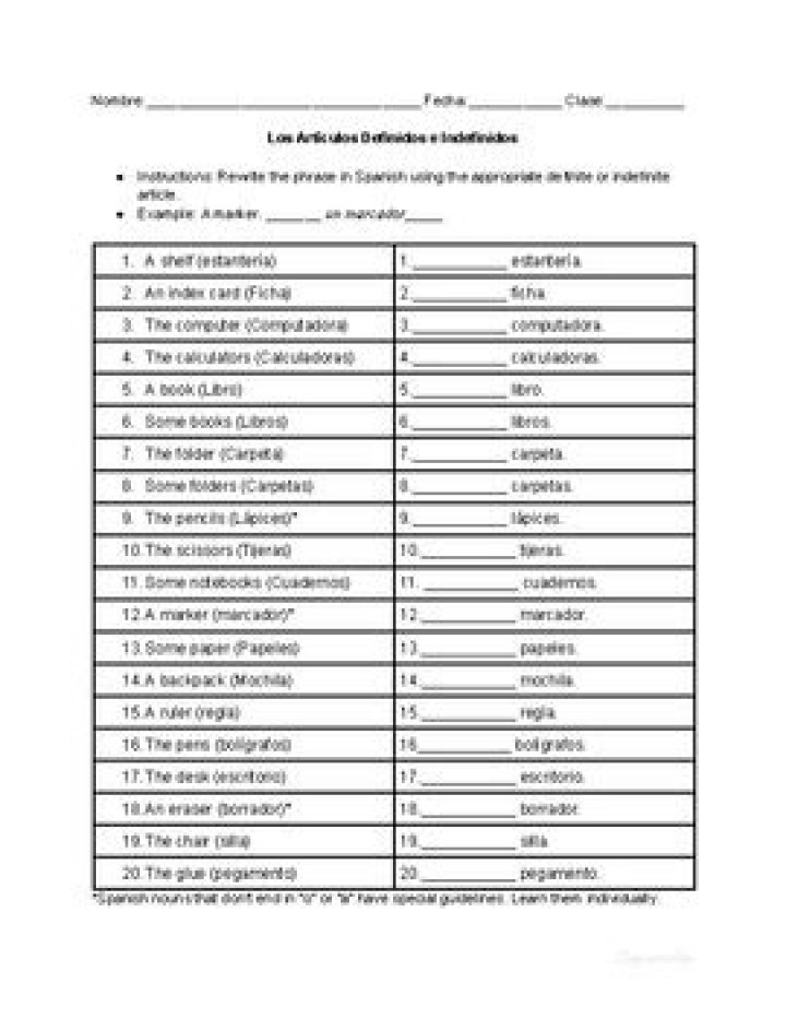 Definite and Indefinite Articles Spanish Worksheet PDF Answer Key