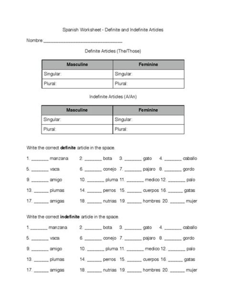 Definite and Indefinite Articles Spanish Worksheet PDF for Practice
