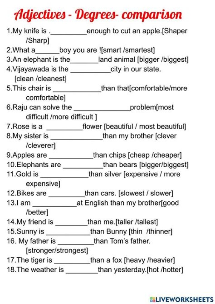 Free Degree of Adjectives Worksheet PDF: Practice & Learn Adjective Comparison