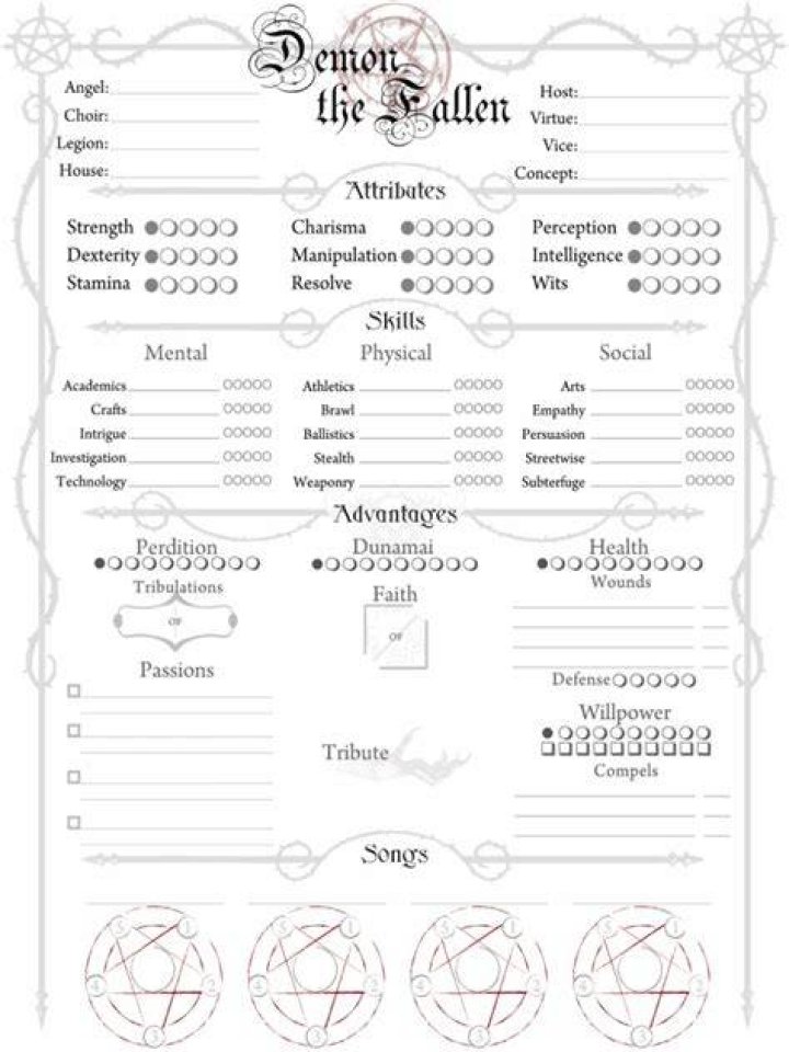 Demon the Fallen Character Sheet PDF for RPG Enthusiasts