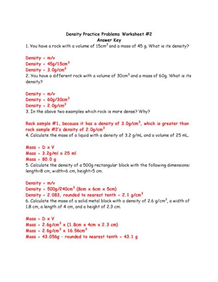 Density Word Problems Answer Key PDF for Instant Grading