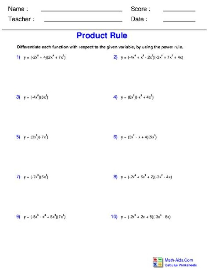 Derivative Product and Quotient Rule Worksheet PDF – Practice Problems & Answers