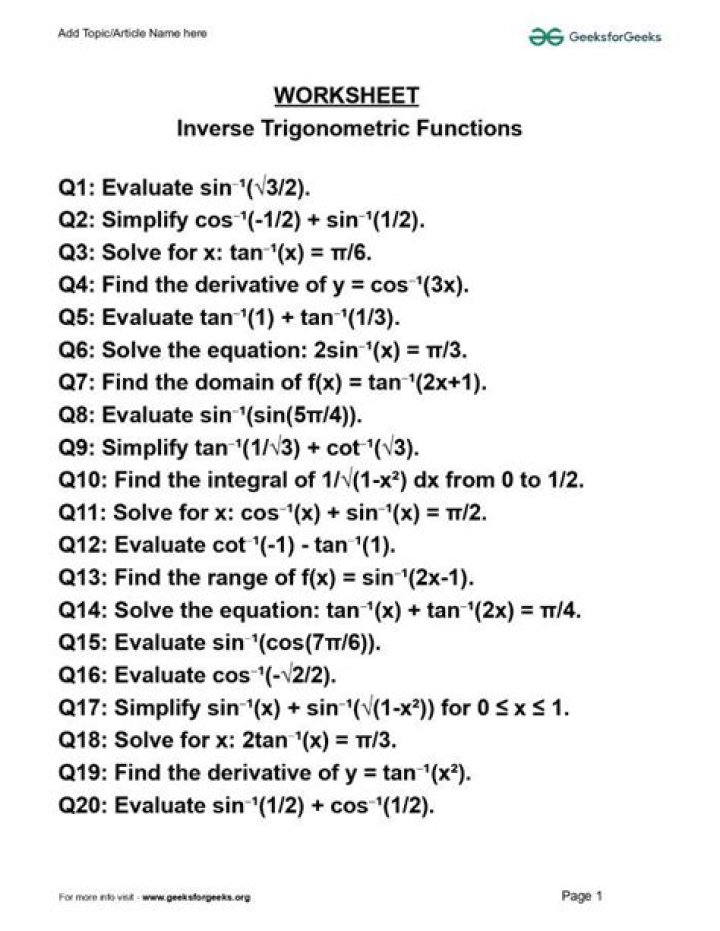 Derivatives of Inverse Trigonometric Functions Worksheet with Answers PDF