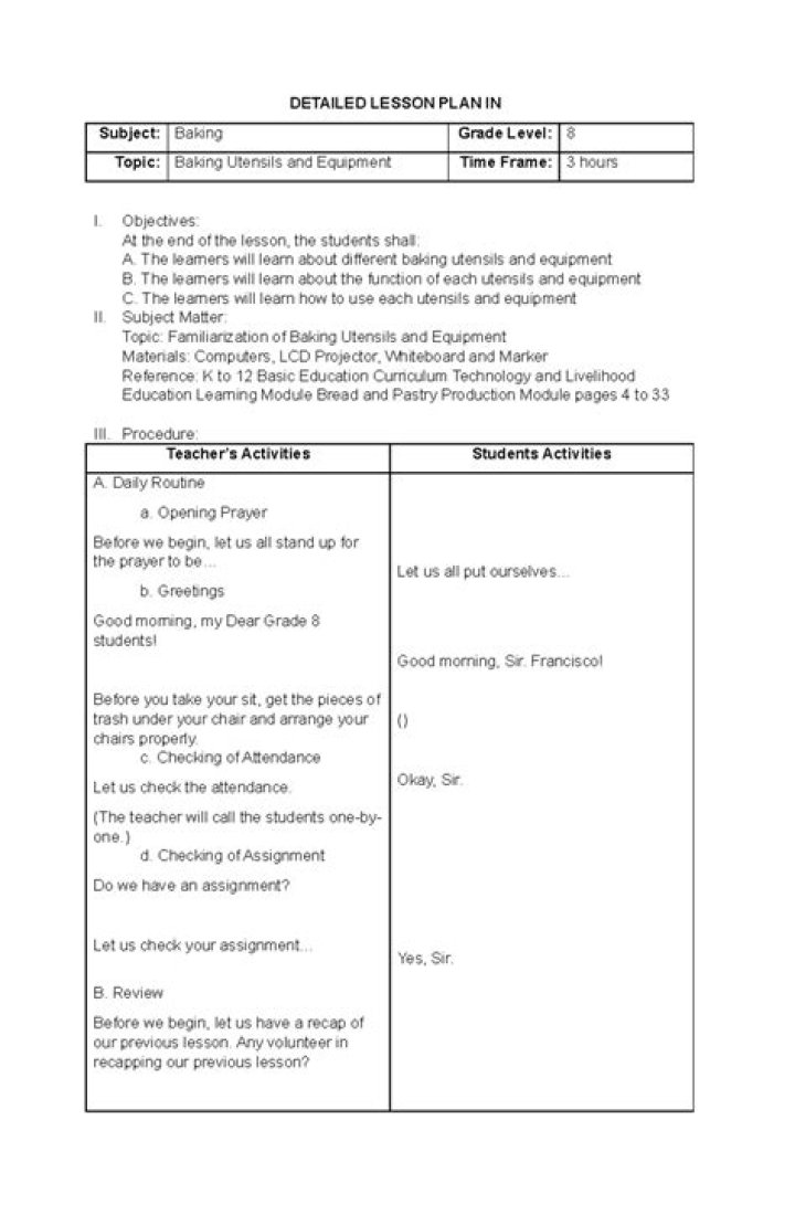 Detailed Lesson Plan in Baking PDF – Step-by-Step Guide