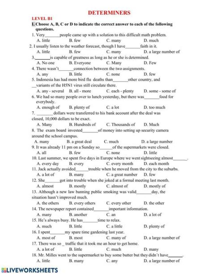 Determiners Exercises for Class 8 CBSE with Answers PDF
