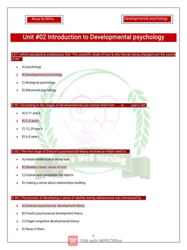 Developmental Psychology MCQs with Answers PDF – Study Guide & Quiz