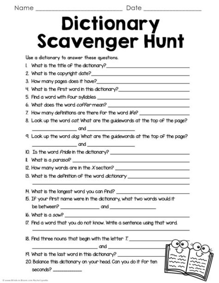 Free Dictionary Scavenger Hunt Worksheet PDF for Language Learners