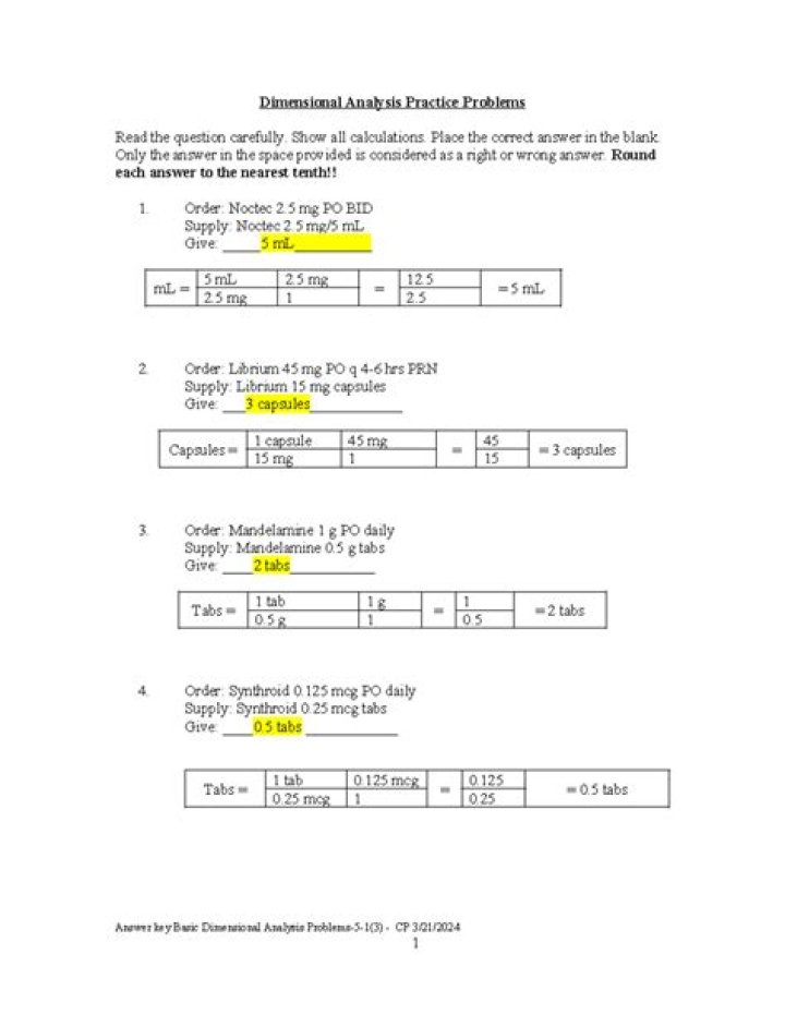 Dimensional Analysis Nursing Practice Problems with Answers PDF