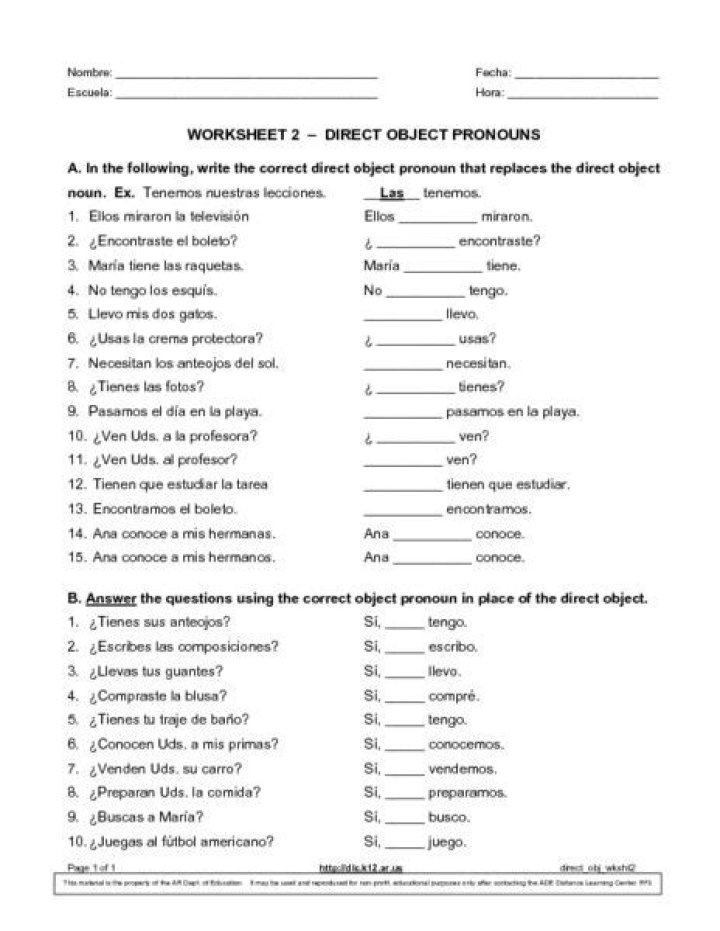 Spanish Direct & Indirect Object Pronouns Worksheet PDF Answers