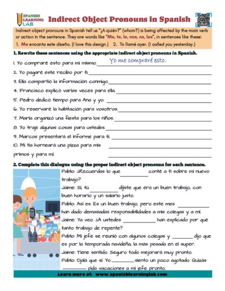 Direct and Indirect Object Pronouns Spanish Worksheet PDF for Practice