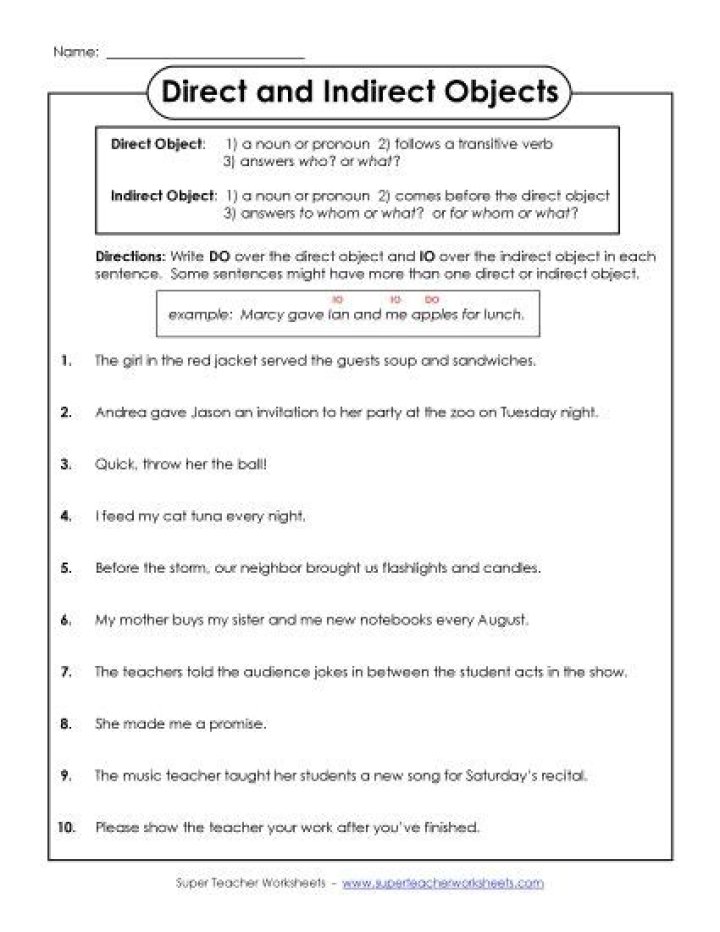 Direct and Indirect Objects Worksheets PDF – Practice with Exercises