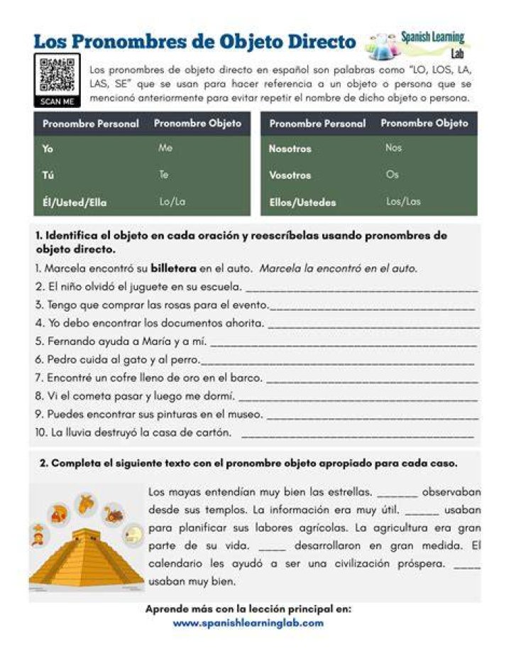 Direct Object Pronouns Spanish Worksheet PDF – Practice Exercises