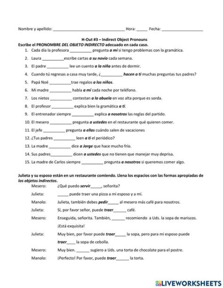 Spanish Direct Object Pronouns Worksheet with Answers PDF