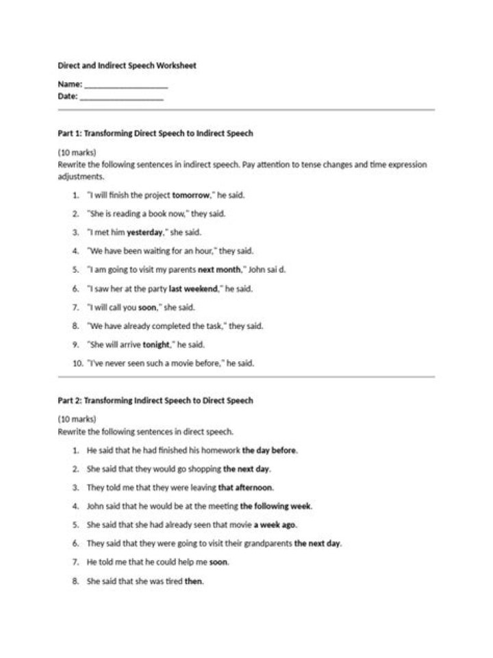 Direct and Indirect Speech Worksheet PDF for Easy Learning