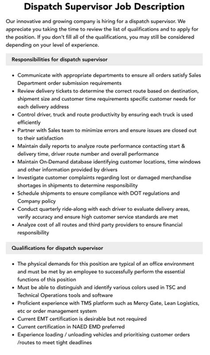 Download Dispatch Manager Job Description PDF